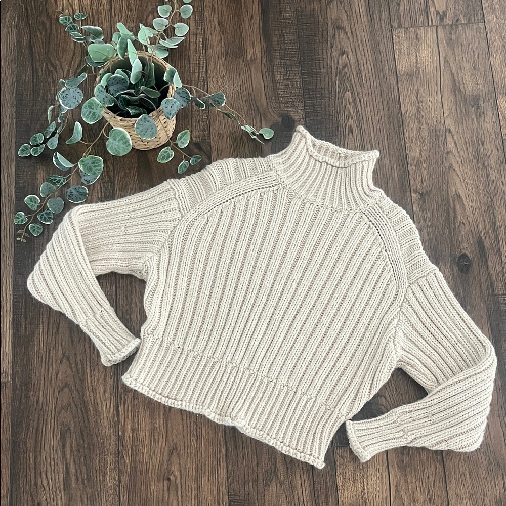 H&M Rib-Knit Turtleneck Sweater in Cream